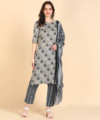 Women's Grey Printed Cotton Kurti With Pant and Dupatta Set 3