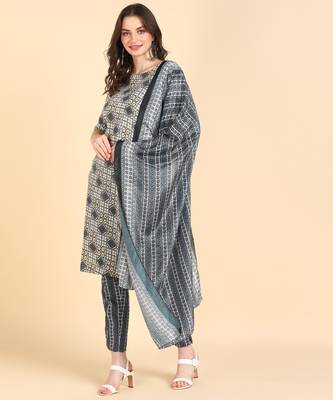 Women's Grey Printed Cotton Kurti With Pant and Dupatta Set 1