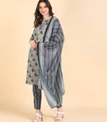 Women's Grey Printed Cotton Kurti With Pant and Dupatta Set