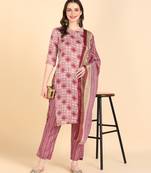 Women's Peach Printed Cotton Kurti With Pant and Dupatta Set