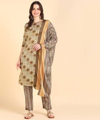 Women's Beige Printed Cotton Kurti With Pant and Dupatta Set 1