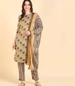 Women's Beige Printed Cotton Kurti With Pant and Dupatta Set