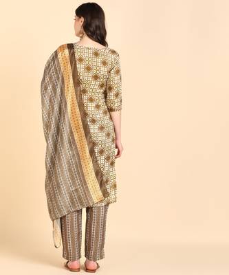 Women's Beige Printed Cotton Kurti With Pant and Dupatta Set 2