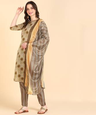 Women's Beige Printed Cotton Kurti With Pant and Dupatta Set 3