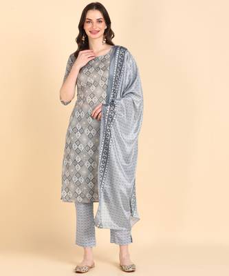 Women's Grey Printed Cotton Kurti With Pant and Dupatta Set 1