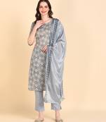 Women's Grey Printed Cotton Kurti With Pant and Dupatta Set