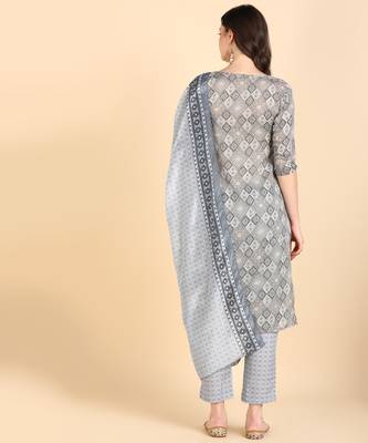Women's Grey Printed Cotton Kurti With Pant and Dupatta Set 2
