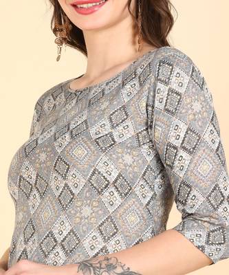 Women's Grey Printed Cotton Kurti With Pant and Dupatta Set 4