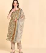Women's Brown Printed Cotton Kurti With Pant and Dupatta Set