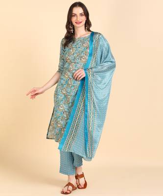 Women's Multicolor Printed Cotton Kurti With Pant and Dupatta Set 1