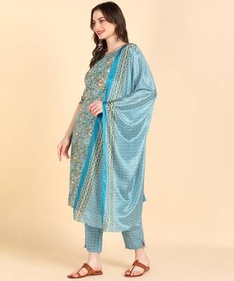 Women's Multicolor Printed Cotton Kurti With Pant and Dupatta Set 3