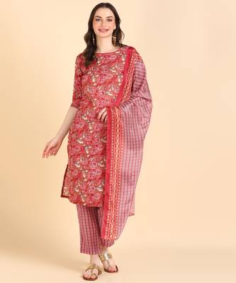 Women's Red Printed Cotton Kurti With Pant and Dupatta Set 1