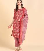 Women's Red Printed Cotton Kurti With Pant and Dupatta Set