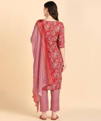 Women's Red Printed Cotton Kurti With Pant and Dupatta Set 2