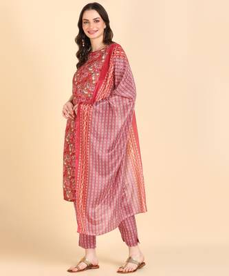 Women's Red Printed Cotton Kurti With Pant and Dupatta Set 3