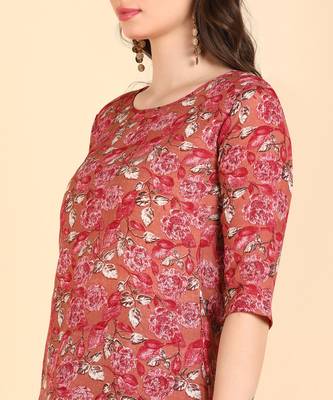 Women's Red Printed Cotton Kurti With Pant and Dupatta Set 4