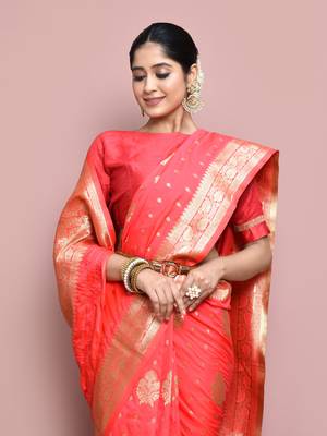 Elora silk blend banarasi woven designer saree for women (light pink) 1