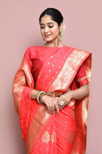 Elora silk blend banarasi woven designer saree for women (light pink)