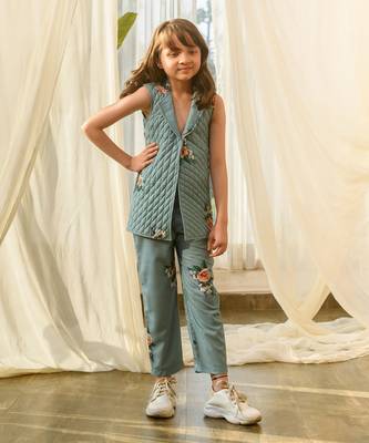 Dusty teal quilted pant suit kids 1