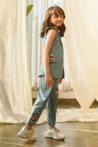 Dusty teal quilted pant suit kids