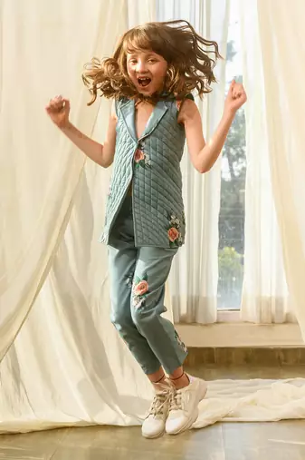Dusty teal quilted pant suit kids
