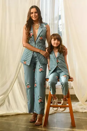 Dusty teal quilted pant suit kids