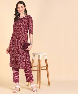 Women's Maroon Printed Cotton Kurti With Pant Set 1