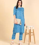 Women's Sky Blue Printed Cotton Kurti With Pant Set