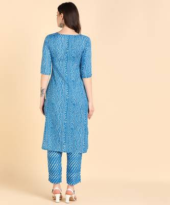Women's Sky Blue Printed Cotton Kurti With Pant Set 2
