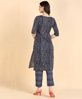 Women's Navy Blue Printed Cotton Kurti With Pant Set 2