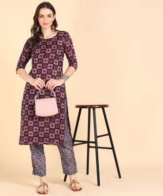 Women's Purple Printed Cotton Kurti With Pant Set 1