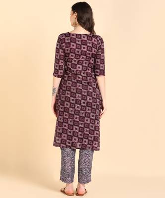 Women's Purple Printed Cotton Kurti With Pant Set 2