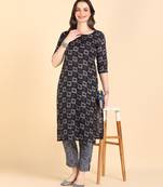 Women's Navy blue Printed Cotton Kurti With Pant Set