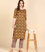 Women's Mustard Printed Cotton Kurti With Pant Set