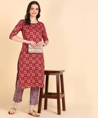 Women's Red Printed Cotton Kurti With Pant Set 1