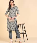 Women's Grey Printed Cotton Kurti With Pant Set