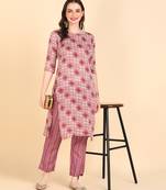 Women's Peach Printed Cotton Kurti With Pant Set