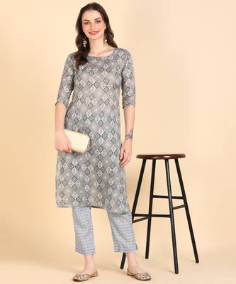 Women's Grey Printed Cotton Kurti With Pant Set 1