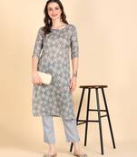 Women's Grey Printed Cotton Kurti With Pant Set