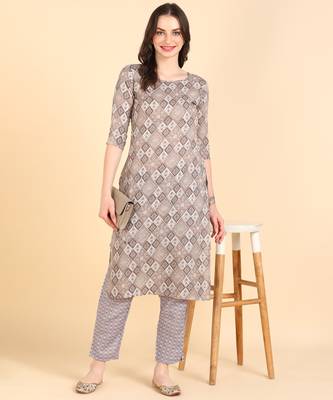Women's Brown Printed Cotton Kurti With Pant Set 1