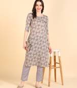 Women's Brown Printed Cotton Kurti With Pant Set