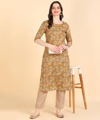 Women's Brown Printed Cotton Kurti With Pant Set 1