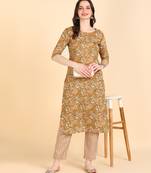 Women's Brown Printed Cotton Kurti With Pant Set