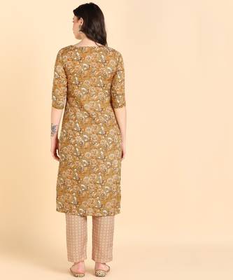 Women's Brown Printed Cotton Kurti With Pant Set 2
