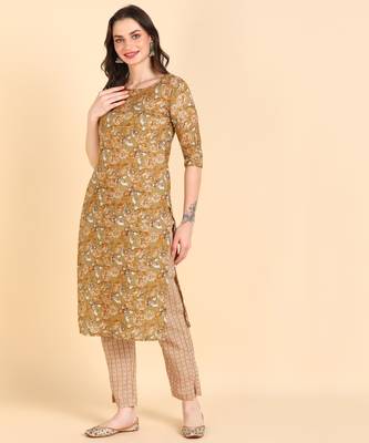 Women's Brown Printed Cotton Kurti With Pant Set 3