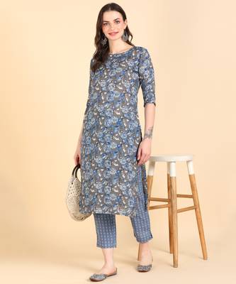 Women's Blue Printed Cotton Kurti With Pant Set 1