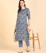 Women's Blue Printed Cotton Kurti With Pant Set