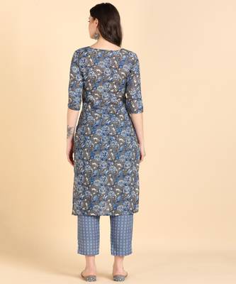 Women's Blue Printed Cotton Kurti With Pant Set 2