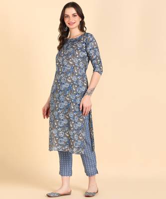 Women's Blue Printed Cotton Kurti With Pant Set 3