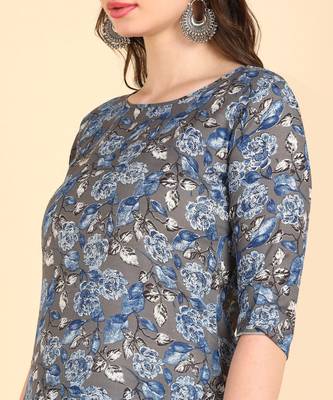 Women's Blue Printed Cotton Kurti With Pant Set 4